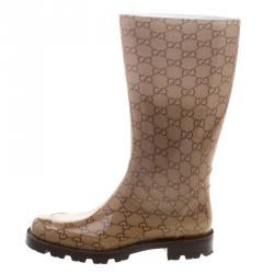 Pre Owned Gucci Biege GG Rubber Edimburg Rain Boots Size 38