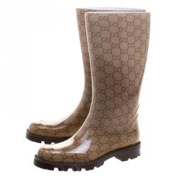 Pre Owned Gucci Biege GG Rubber Edimburg Rain Boots Size 38