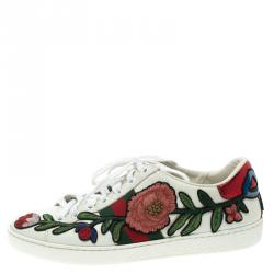 مملوكة مسبقًا Gucci White Leather Embroidered Ace Low Top Sneakers Size 36