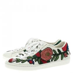 مملوكة مسبقًا Gucci White Leather Embroidered Ace Low Top Sneakers Size 36