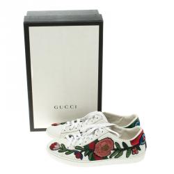 مملوكة مسبقًا Gucci White Leather Embroidered Ace Low Top Sneakers Size 36