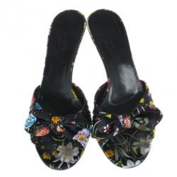Pre Owned Gucci Black Satin Plise Floral Slides Size 37