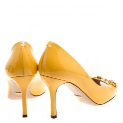 مملوكة مسبقًا Gucci Yellow Patent Leather Horsebit Peep Toe Pumps Size 39.5