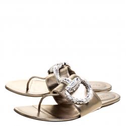 Pre Owned Gucci Metalllic Grey Leather Crystal Embellished Horsebit Flat Thongs Size 40