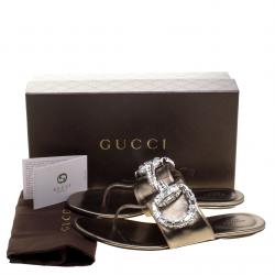 Pre Owned Gucci Metalllic Grey Leather Crystal Embellished Horsebit Flat Thongs Size 40