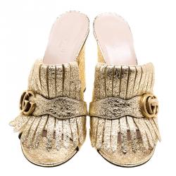 Pre Owned Gucci Metallic Gold Foil Leather GG Marmont Fringe Mules Size 39