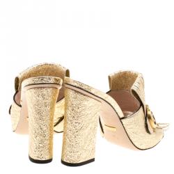 Pre Owned Gucci Metallic Gold Foil Leather GG Marmont Fringe Mules Size 39