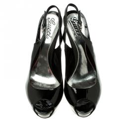 Pre Owned صندل غوتشي فتحة كعب نعل سميك صوفيا لامع أسود مقاس 38.5