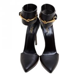 مملوكة مسبقًا Gucci Black Leather Ursula Horsebit Ankle Cuff Pointed Toe Sandals Size 40