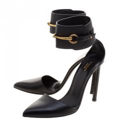 مملوكة مسبقًا Gucci Black Leather Ursula Horsebit Ankle Cuff Pointed Toe Sandals Size 40