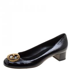 Pre Owned Gucci Black Patent Leather GG Interlocking Pumps Shoes Size 38