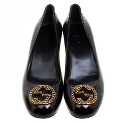 Pre Owned Gucci Black Patent Leather GG Interlocking Pumps Shoes Size 38