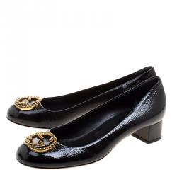 Pre Owned Gucci Black Patent Leather GG Interlocking Pumps Shoes Size 38