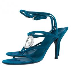 مملوكة مسبقًا Gucci Turquoise Suede GG Cage Ankle Strap Sandals Size 39.5