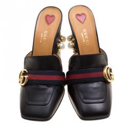 مملوكة مسبقًا حذاء غوتشي مرصع لؤلؤ تفاصيل ويب GG جلد ثعبان أسود مقاس 37.5