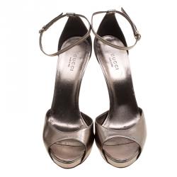 Pre Owned Gucci Metallic Bronze Leather Roma Bamboo Heel Ankle Strap Sandals Size 38