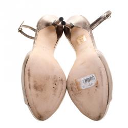 Pre Owned Gucci Metallic Bronze Leather Roma Bamboo Heel Ankle Strap Sandals Size 38