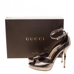 Pre Owned Gucci Metallic Bronze Leather Roma Bamboo Heel Ankle Strap Sandals Size 38