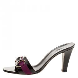 مملوكة مسبقًا Gucci Black Patent Leather Horsebit Bamboo Slide Sandals Size 37