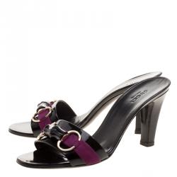 مملوكة مسبقًا Gucci Black Patent Leather Horsebit Bamboo Slide Sandals Size 37