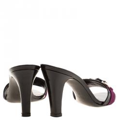 مملوكة مسبقًا Gucci Black Patent Leather Horsebit Bamboo Slide Sandals Size 37