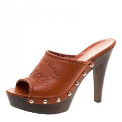 Pre Owned Gucci Brown Leather Craft Platform Peep Toe Mules Size 36.5