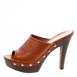 Pre Owned Gucci Brown Leather Craft Platform Peep Toe Mules Size 36.5