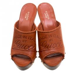 Pre Owned Gucci Brown Leather Craft Platform Peep Toe Mules Size 36.5