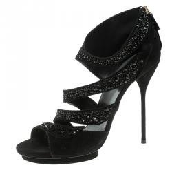 Pre Owned Gucci Black Crystal Embellished Suede Rachel Strappy Sandals Size 40.5