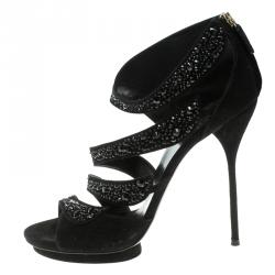 Pre Owned Gucci Black Crystal Embellished Suede Rachel Strappy Sandals Size 40.5