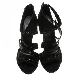 Pre Owned Gucci Black Crystal Embellished Suede Rachel Strappy Sandals Size 40.5