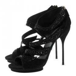 Pre Owned Gucci Black Crystal Embellished Suede Rachel Strappy Sandals Size 40.5