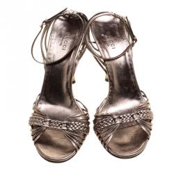 Pre Owned Gucci Metallic Grey Braided Leather Bamboo Heel Open Toe Sandals Size 37.5