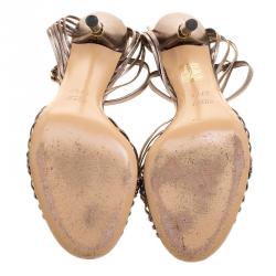 Pre Owned Gucci Metallic Grey Braided Leather Bamboo Heel Open Toe Sandals Size 37.5