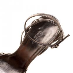 Pre Owned Gucci Metallic Grey Braided Leather Bamboo Heel Open Toe Sandals Size 37.5