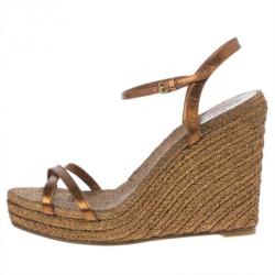 Pre Owned Gucci Bronze Lia Espadrilles Wedge Sandals Size 38