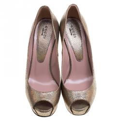 Pre Owned Gucci Metallic Nizza Laser Leather Peep Toe Platform Pumps Size 38