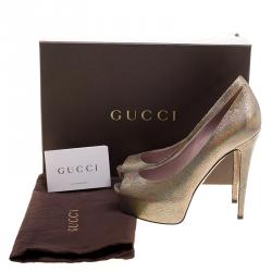 Pre Owned Gucci Metallic Nizza Laser Leather Peep Toe Platform Pumps Size 38