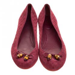 مملوكة مسبقًا Gucci Bordeaux Microguccissima Embossed Suede Bamboo Tassel Ballet Flats Size 38.5