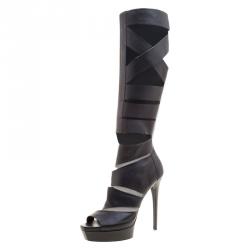 Pre Owned Gucci Black Leather Helena Gladiator Platform Knee High Boots Size 39.5