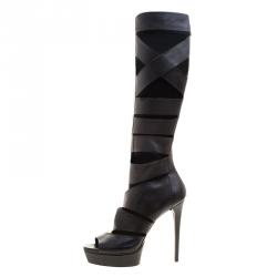 Pre Owned Gucci Black Leather Helena Gladiator Platform Knee High Boots Size 39.5
