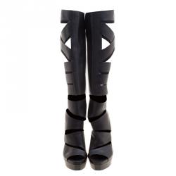 Pre Owned Gucci Black Leather Helena Gladiator Platform Knee High Boots Size 39.5