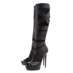 Pre Owned Gucci Black Leather Helena Gladiator Platform Knee High Boots Size 39.5