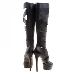Pre Owned Gucci Black Leather Helena Gladiator Platform Knee High Boots Size 39.5