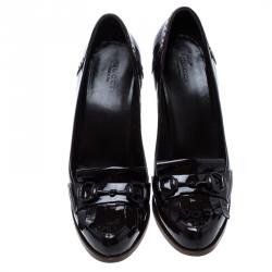 Pre Owned Gucci Bordeaux Patent Leather Horsebit Fringe Loafer Pumps Size 39