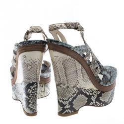 Pre Owned Gucci Tricolor Python Leather Peep Toe Platform Slingback Wedge Sandals Size 39