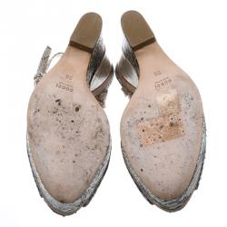 Pre Owned Gucci Tricolor Python Leather Peep Toe Platform Slingback Wedge Sandals Size 39