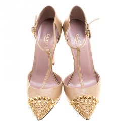 Pre Owned Gucci Light Brown Leather Coline Studded T Strap Pumps Size 35