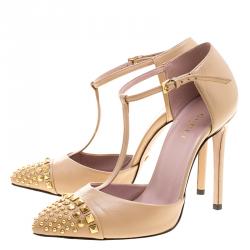 Pre Owned Gucci Light Brown Leather Coline Studded T Strap Pumps Size 35