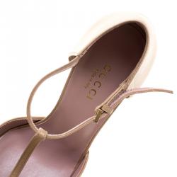 Pre Owned Gucci Light Brown Leather Coline Studded T Strap Pumps Size 35
